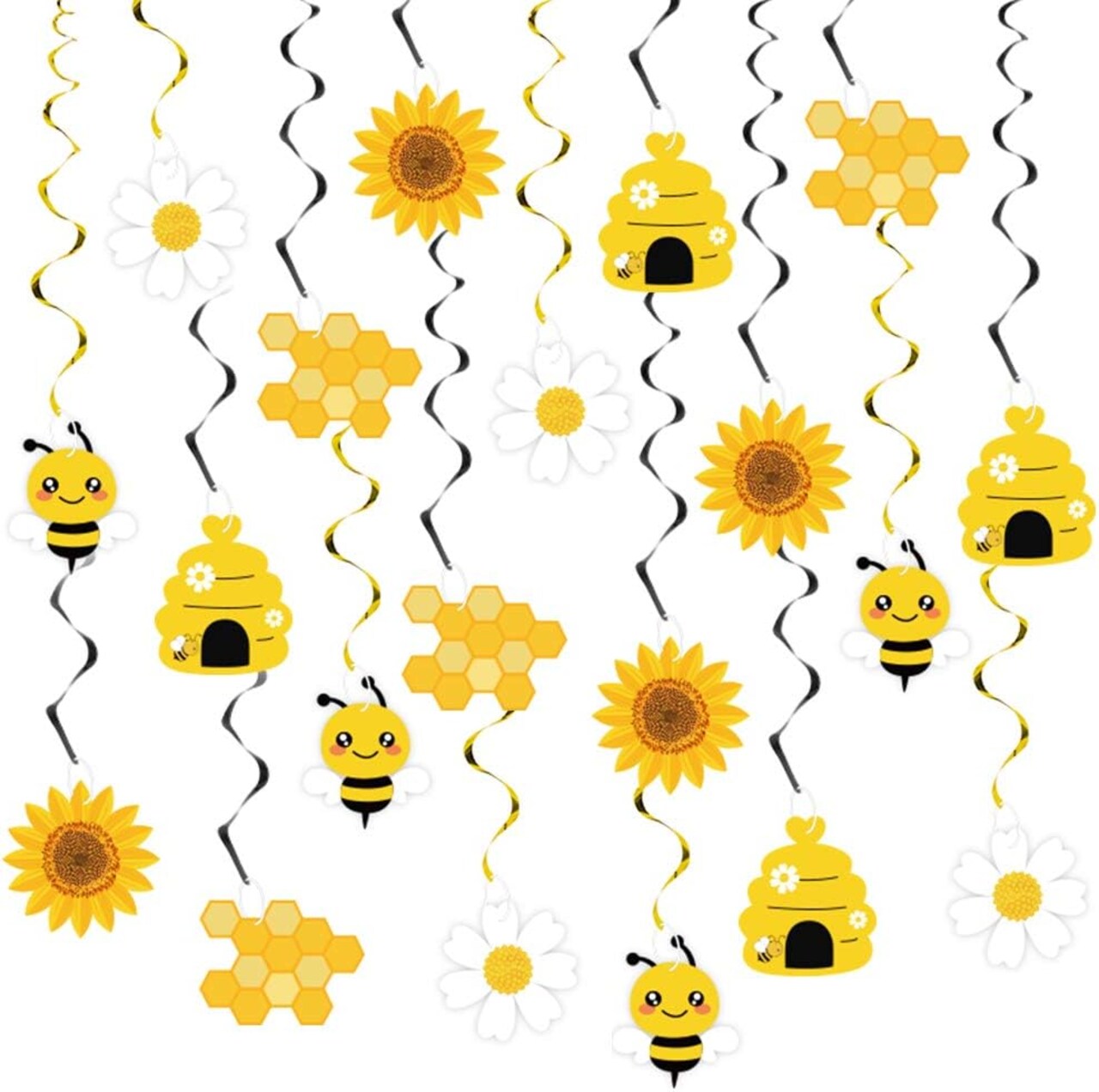20-Piece Bumble Bee Hanging Swirl Decorations | Honey Bee Foil Ceiling Streamers for Kids' Birthday, Baby Shower, Gender Reveal & Bee Themed Party Supplies